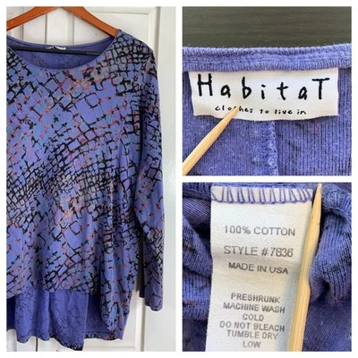 Habitat Womens Long Sleeve Purple Artsy Tunic Top Size L Made in USA Cotton - Image 1 of 4