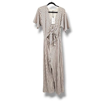 Macacão listrado Pull Bear perna larga amarrar frente manga flutter feminino grande - Imagem 1 de 4