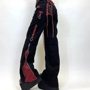 Rare Vintage Y2K Tripp NYC Red Plaid Black Flare Pants Size 3 Goth Punk Grunge - Picture 1 of 24
