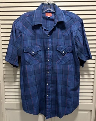 Camisa ELY Plains Western Wear Perla a Presión Talla M Negra/Azul Manga Corta a Cuadros Foto 1 de 4