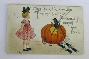Antique 1900's HBG Halloween Embossed Postcard w/Cats Pulling Pumpkin Coach Vtg - Picture 1 of 5