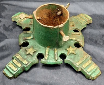 Antiguo soporte para árbol de Navidad de hierro fundido pesado 9,5”x 9,5” dorado y verde Foto 1 de 4