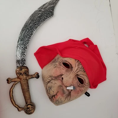 Full Head Adult Halloween Latex Pirate Mask with Cig Red Bandana Sz S PLUS Sword - Image 1 of 4