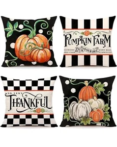 Set Of 4 Farmhouse  Heavy Weight Harvest Thanksgiving Throw Pillow Covers 18X18 - Picture 1 of 6