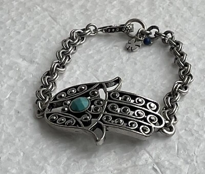 Brazalete Cadena Doble Eslabón Centro Cuentas Azul Mano Hamsa Tono Plata "Marca Lucky" Foto 1 de 4
