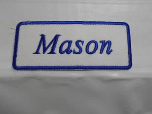 MASON NEW EMBROIDERED SEW / IRON ON NAME PATCH BLUE ON WHITE - Picture 1 of 2
