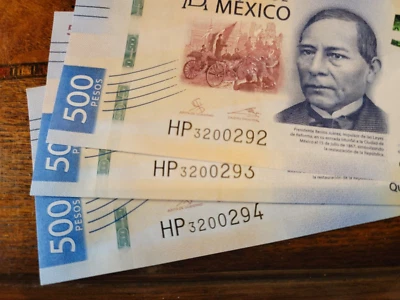 Billetes/moneda mexicana 500 pesos (3) 2021 RARA numeración secuencial con holograma Foto 1 de 2