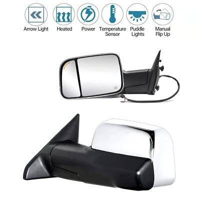 Pair Tow Mirrors Power Heated Arrow Signal Fits 2009-2017 Ram 1500 2500 Chrome - Изображение 1 из 4