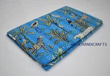 Indien Queen Animal Screen Print Turquoise Cotton Bedspread Kantha Quilt Bedding