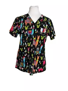 Med Couture Scrub Top Womens Size Small Llamas Christmas Black 9424 Nursing - Picture 1 of 6