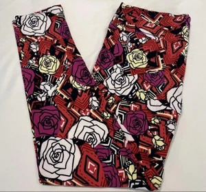 NEW LuLaRoe TC Leggings RED SALMON MAGENTA Line TRIBAL Rose CHEVRON Floral Retro - Picture 1 of 4