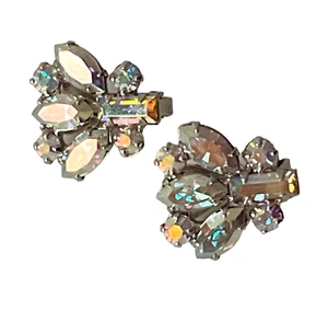 Vtg Signed B David Clip on Earrings - Clear AB Marquise Rhinestones -Silver Tone - Bild 1 von 15