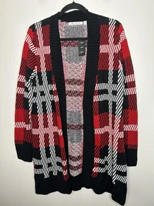Eight Eight Eight Open Front Cardigan Black Red Plaid Sweater Size Medium NWT - Picture 1 of 11