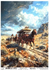 Reispapier DIN A4 Strohseide Decoupage Motiv Wilder Westen Kutsche Pferde RE7372 - Bild 1 von 1