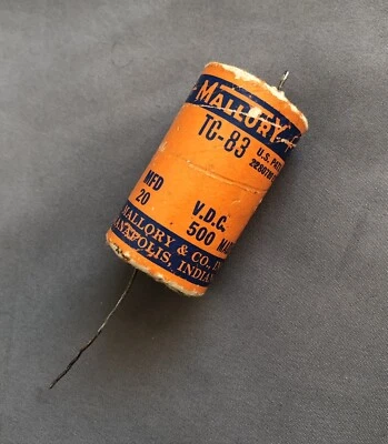Usado MALLORY 20 uF 500V Condensador Electrolítico Cubierta de Cartón de Plomo Axial, TC-83 Foto 1 de 4