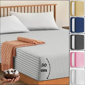 NEW EXTRA DEEP STRIPE FITTED SHEET 100% COTTON P 200TC SINGLE DOUBLE KING SIZE - Picture 1 of 87