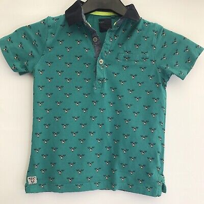 Next Collared  T-Shirt Age 5 Years Green/Blue Reindeer Pattern Short Sleeve • 7.21€