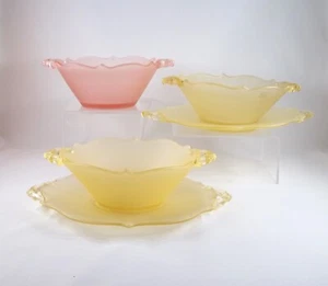 Lancaster Glass Octagon 924 Frosted 2 Topaz Bowls With Underplates & 1 Pink Bowl - Picture 1 of 9