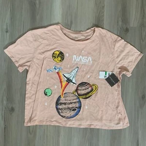 NASA Women's T Shirt Tee Size Large Peach Short Sleeve Graphic Print Cropped - Picture 1 of 6