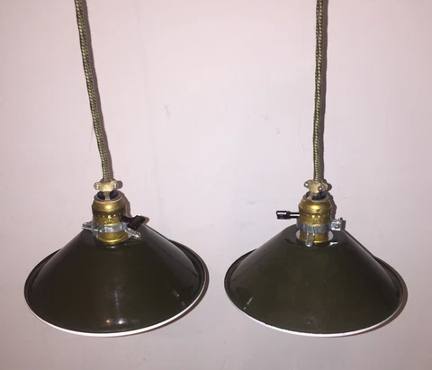 Industrial Hanging Pendant Lights NOS Military Green Shades Expertly Wired 118E Cover