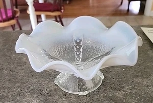 Antique NORTHWOOD White/Blue Opalescent Ruffled Pedestal Glass Bowl - Circa 1905 - Picture 1 of 3