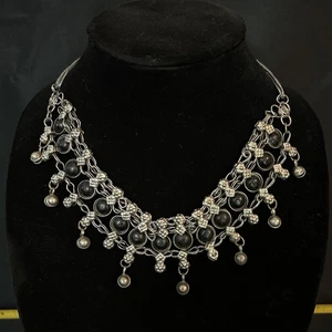 Vintage Oxidized Silver Tone Gypsy Bib Cocker Necklace With Black Onyx Sz 18” - Picture 1 of 8