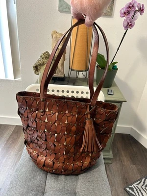 Patricia Nash toast brown leather Twisted Braid Mizzana shoulder tote bag 15 in - Image 1 of 4