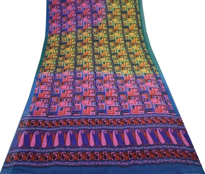 Sushila Vintage Saree 100% Pure Georgette Silk  Printed Sari with Blouse Fabric - Image 1 of 4