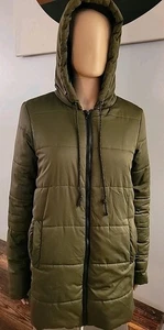 Fabletics Puffer Jacket Womens Size Small Olive Green Hooded Full Zip Side Zip - Picture 1 of 14