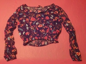 Hype womens L flower floral shirt top tie neck elastic bottom & cuffs - Picture 1 of 4