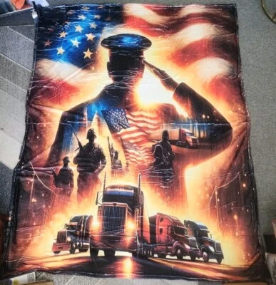QUEEN Sz 78 x 60 Patriotic Military USA Trucker Veteran Fleece Throw Blanket New - Image 1 of 3