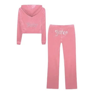 JUICY COUTURE Womens Medium Rose  Velour Tracksuit Bling Hoodie Pant NEW - Picture 1 of 1