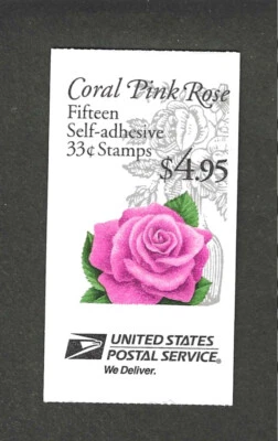 #BK242B 33c CORAL PINK ROSE ISSUE BOOKLET OF 15 MNH - Image 1 of 2
