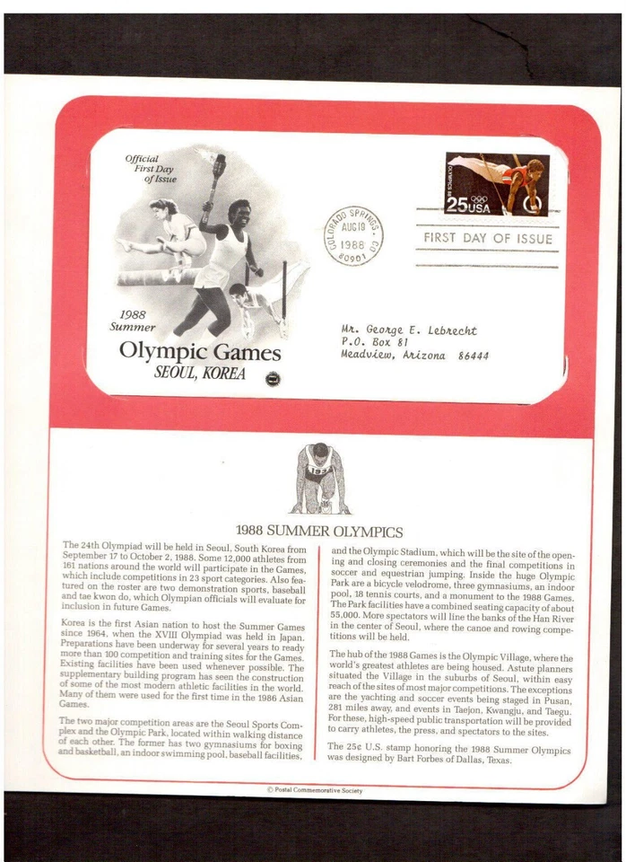 Postal Society First Day Cover FDC stamp # 2380 25 cent SUMMER OLYMPICS 1988 - Image 1 of 1