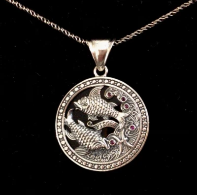 Sterling silver black zodiac Pisces fish Ruby Pendant necklace February Birthday - Image 1 of 4