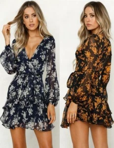 Women's Dress Summer V-neck Floral Multi-layer Printed Long Sleeved Short Dress - Picture 1 of 16
