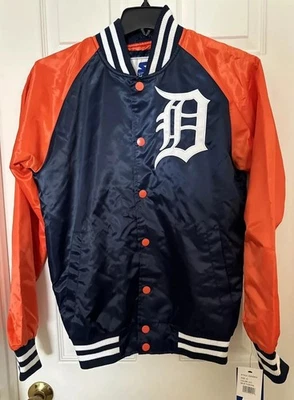Chaqueta Universitaria Starter Para Hombres Pequeña MLB Detroit Tigers Azul/Naranja Satinado a Presión Completa Foto 1 de 4