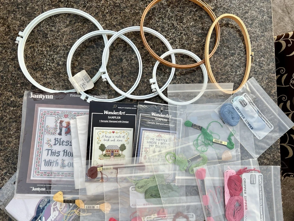 Vintage Lot Embroidery/Cross Stitch, 6 Hoops, Round Oval Needles, Pattern Frames - Image 1 of 4