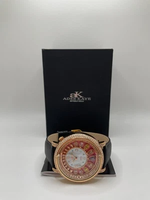 Reloj pulsera Adee Kaye AK2112-LRG para mujer correa de cuero negro estuche dorado lágrima caída Foto 1 de 4