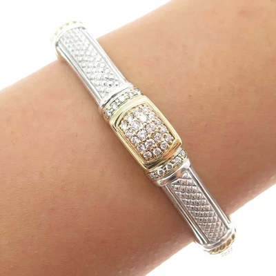 JUDITH RIPKA Sterling Silver & 18K Gold Real Round-Cut Diamond Cuff Bracelet 6" Foto 1 de 4