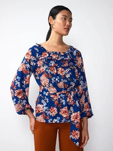 NWT New York & Company Blue Floral Ruffled Belted Top Sz M - Picture 1 of 5