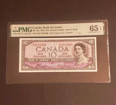 1954 Bank of Canada $10 DEVIL FACE Banknote. GEM UNC-65. PMG Graded. EPQ. - Изображение 1 из 2
