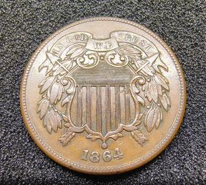 1864 Large Motto - 2 Cent Piece - Philadelphia Mint - XF-AU Condition - Picture 1 of 22