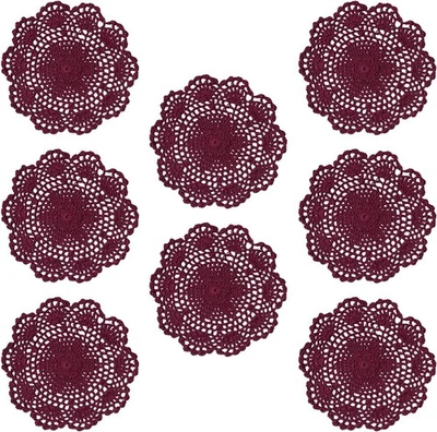 8Pcs Vintage Burgundy Hand Crochet Lace Doilies Round Placemats Flower Doily 8" - Image 1 of 4