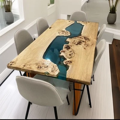 Live Edge Blue Epoxy River Dining Table – Handmade Solid Wood Rectangular Table - Image 1 of 4