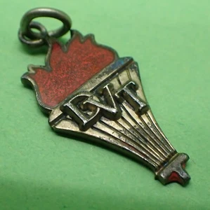 Vintage SOOK Fraternal Charm DVT Torch Enameled Red Flame Gold Wash Worn 1.25" - Picture 1 of 10