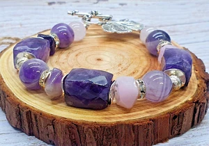 Natural Amethyst Rose Quartz Gemstone Handmade Bracelet Gift for her. - Picture 1 of 6