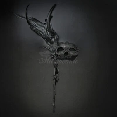 Handheld Stick Mask | Feather Masquerade Mask M33110Black - Image 1 of 4