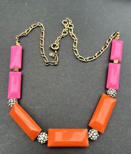 J.CREW Neon Pink/Orange Beaded Necklace with Clear Crystals Accents Gold Tone 