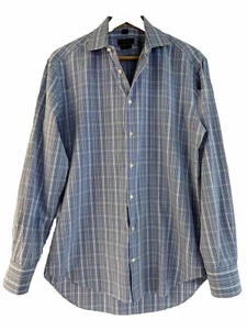 Barneys New York Shirt Mens 15.5R Trim Long Sleeve Button Down Blue Plaid Italy - Picture 1 of 22